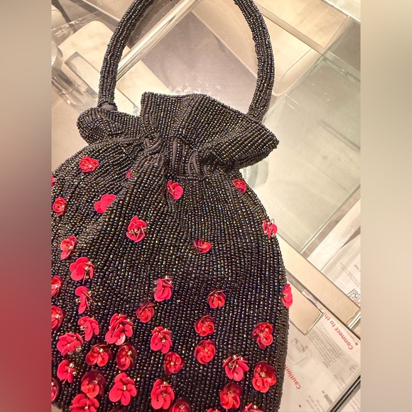 Beaded Clutches | Beaded Clutch Purses | Twine and Love NEW Hand-Beaded Black Evening Bag with Red Sequin Floral Details